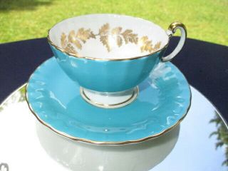 Cup Saucer Aynsley Footed Wide Mouth Turquoise Blue Gold Leaf Garland Interior