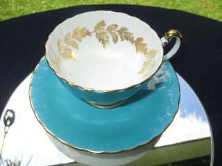 CUP SAUCER AYNSLEY FOOTED WIDE MOUTH TURQUOISE BLUE GOLD LEAF GARLAND INTERIOR 2