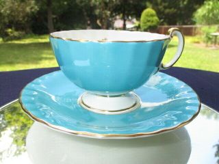 CUP SAUCER AYNSLEY FOOTED WIDE MOUTH TURQUOISE BLUE GOLD LEAF GARLAND INTERIOR 3