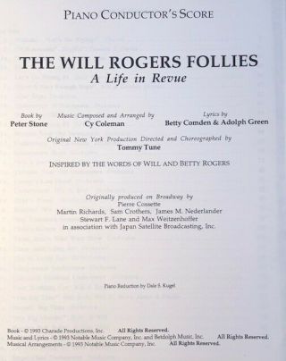 The Will Rogers Follies Piano Conductor Vocal Score Musical Theatre Broadway