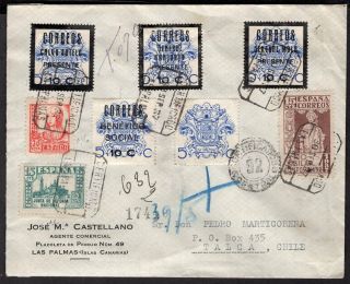 277 Spain To Chile Civil War Censored Registered Cover 1937 Patriotic Las Palmas