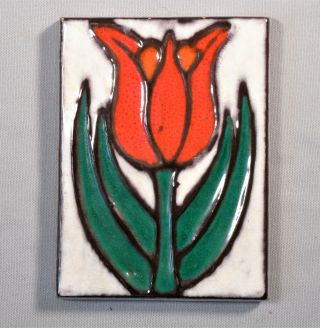 Buckeburg West German Art Pottery Tile Wall Plaque By Helge Pfaff Red Tulip Mcm