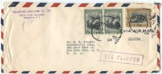 Philippines 1936 Pan Am Clipper Cover To Usa W/2p & 5p Pair,  " Via Clipper " H/s