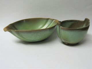 2 Vintage Frankoma Pottery Plainsman Prairie Green Serving Bowls - 35 & 201