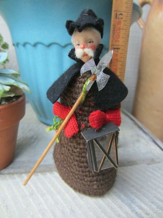 Vintage Dollhouse Miniature Handmade 4.  75 " Old Man Doll Crochet Fabric Felt