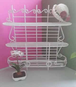 Doll House Miniature Furniture White Wire Wrought Iron Bakers Rack Shelf