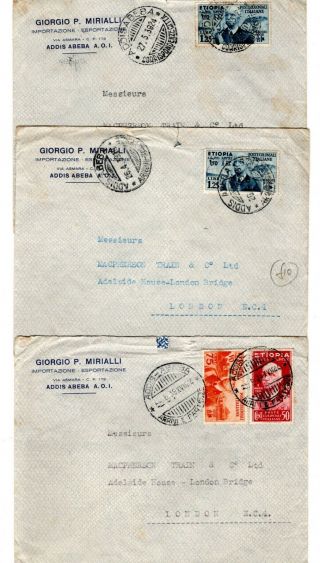1939 Ethiopia To Gb Covers X 3 / 1l 25 Rate / Frankings.