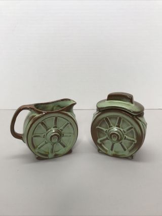 Vintage Frankoma Pottery Wagon Wheel Creamer & Sugar Bowl Prairie Green Brown
