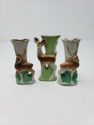Set Of 3 Vintage Usa Deer Art Pottery White Green Bud Vase Planter 4 " Glazed