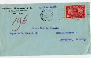 Usa 5c Parcel Post On Cover To Germany,  Via S.  S.  Lusitania 1914 (a272)