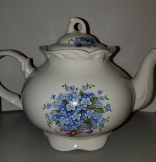 Rare Arthur Wood & Son Staffordshire England Teapot Blue Flowers Gold Trim 6438