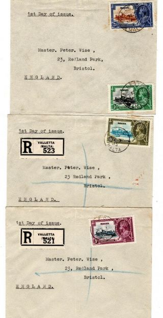 1935 Malta To Gb Covers X 3 / Complete Jubilee Set / First Day,  1.