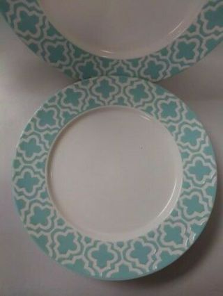 Set Of 4 American Atelier Quatre Teal Aqua Blue Dinner Plates Geometric 10.  5 "