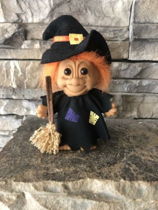 Russ Troll Doll 4 1/2” Orange Hair Brown Eyes Dressed As A Halloween Witch