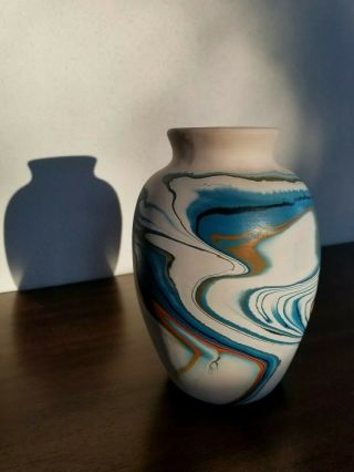 Vtg 7 " Nemadji Pottery Blue Swirl Vase Handmade Usa 