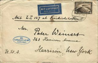 Germany Sc C37 Lz127 Zeppelin Cover To Usa 1928