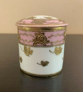 Vintage Nippon Hand Painted Jar With Lid Gold Roses And Pink