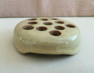 Vintage Pottery Round Disc Flower Frog Ceramic 11 Holes Ikebana 3 " Dia