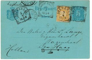 Netherland Indies 1894 Soerabaja Cancel On Postal Card,  Post Agent Singapore Cxl
