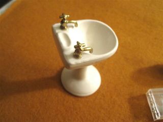 Dollhouse furnishings: Bathroom sink,  porcelain pitcher & bowl,  Hurricane lamp, 3