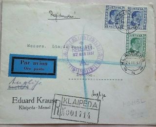 Lithuania Memel 1937 Klaipeda Registered Airmail Cover,  Currency Control Label