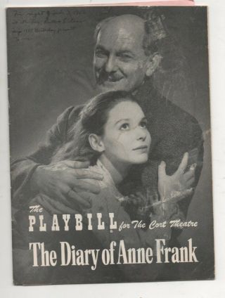 Playbill For The Diary Of Anne Frank 1956 Joseph Schildkraut/ Susan Strasberg