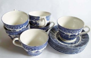 6 Royal Wessex Blue Willow Blue And White Transferware Teacups And Saucers