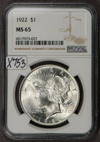 1922 $1 Peace Silver Dollar - Ngc Ms 65 - Frosty Luster - Sku - X753
