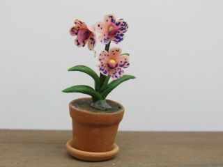 Dollhouse Miniatures,  Purple Orchids in Clay Pot w Saucer,  1/12th Scale 3