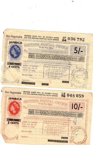 Lot/2 Jamaica British Postal Orders 5 10 Shillings