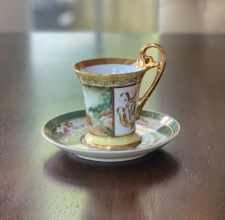 Vintage Kpm Painted Porcelain Tea Cup & Saucer Gold Trim Romantic Pastoral Scene