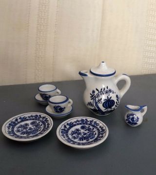 Dollhouse Miniature Blue Onion Tea Set By Reutter.  Missing Sugar Bowl.