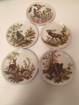 Set Of 5 Vintage Bavaria Germany 4” Plates With Raised Rims.  Animals And Birds