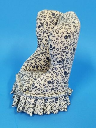 doll house miniature upolstered chair blue and white 2
