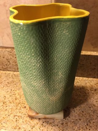 Vtg Shawnee Art Pottery Matte Green &Yellow Interior Burlap Flared Vase 880 2