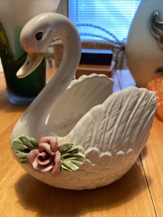 Capodimonte Vintage Swan W/ Roses Sculpture Porcelain Italy No Damage