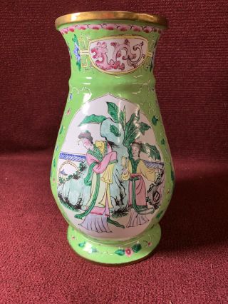 Asian Oriental Vase Hand Painted Colorful Porcelain Asian Scene 10” Tall C2