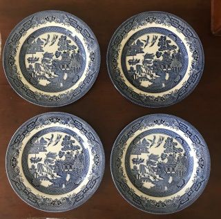 Set Of 4 Churchill England Blue Willow 8 " Salad Plates Pagoda Classic