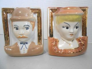 2 Vintage Porcelain Woman And Man Face Head Vase Wall Pockets - Ex