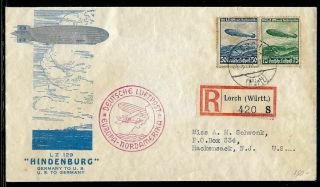 Germany 1936 Zeppelin Hindenburg Flown Registered Cover Lorch To Hackensack Nj