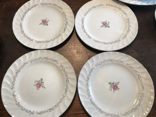 Set Of Four Royal Swirl China Pink Roses Silver Rim 10.  1/4 " Dinner Plates Japan