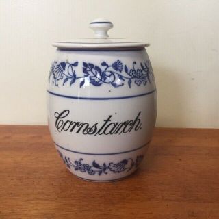 Antique German China Blue Onion " Cornstarch " Cannister / Jar With Lid