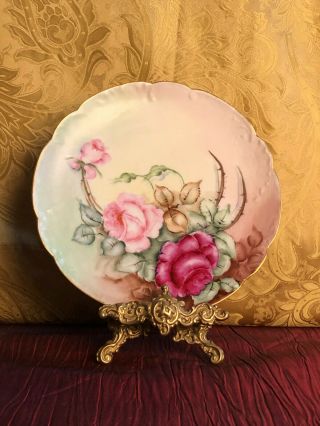 Haviland Limoges Victorian Hand - Painted Plate Pink And Red Roses 8.  5 " Gold Rim