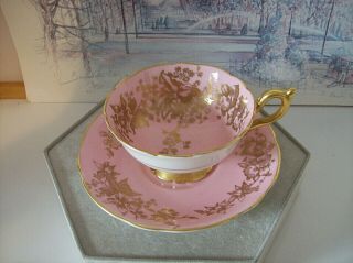 Vintage Coalport - Hand Painted Pink & Gold Floral - Wide Mouth Cup And Saucer