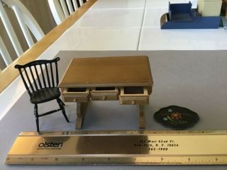 dollhouse furniture 1:12 desk w/working drawers,  metal chair,  hand painted tray 2