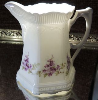 Antique Fine Porcelain Hexagon Pitcher/creamer W/violets Unmarked