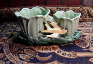Vintage Mc Coy Pottery Double Planter With Yellow & Black Bird 1949 Issue