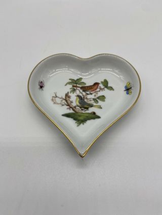 Vintage Herend Hungary Hand Painted Birds & Butterfly Heart Trinket Dish