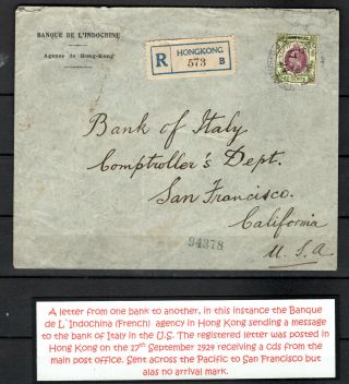 Hong Kong 1924 China Kgv 20c Rate Registered Surface Mail Bank Cover To Usa
