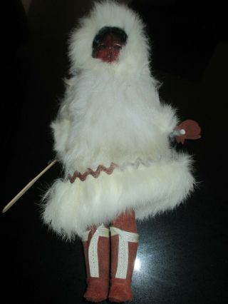 11 " Eskimo Doll With Furry Clothes And Fishing Spear/paddle